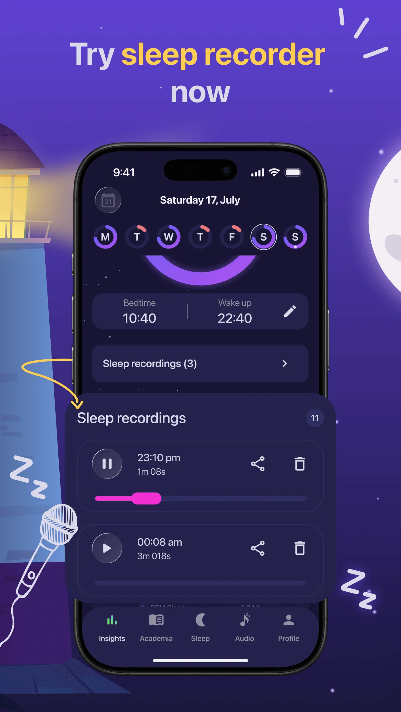 Sleep recorder showing nighttime recordings